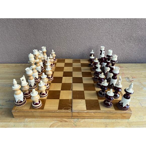 Vintage Mexican Tarascan Hand Carved Wood/Bone Chess Set - Picture 1 of 10